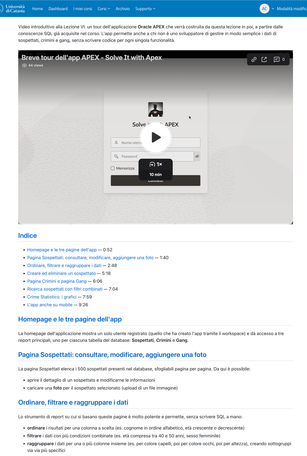 Pagina di lezione con video e indice a minutaggi